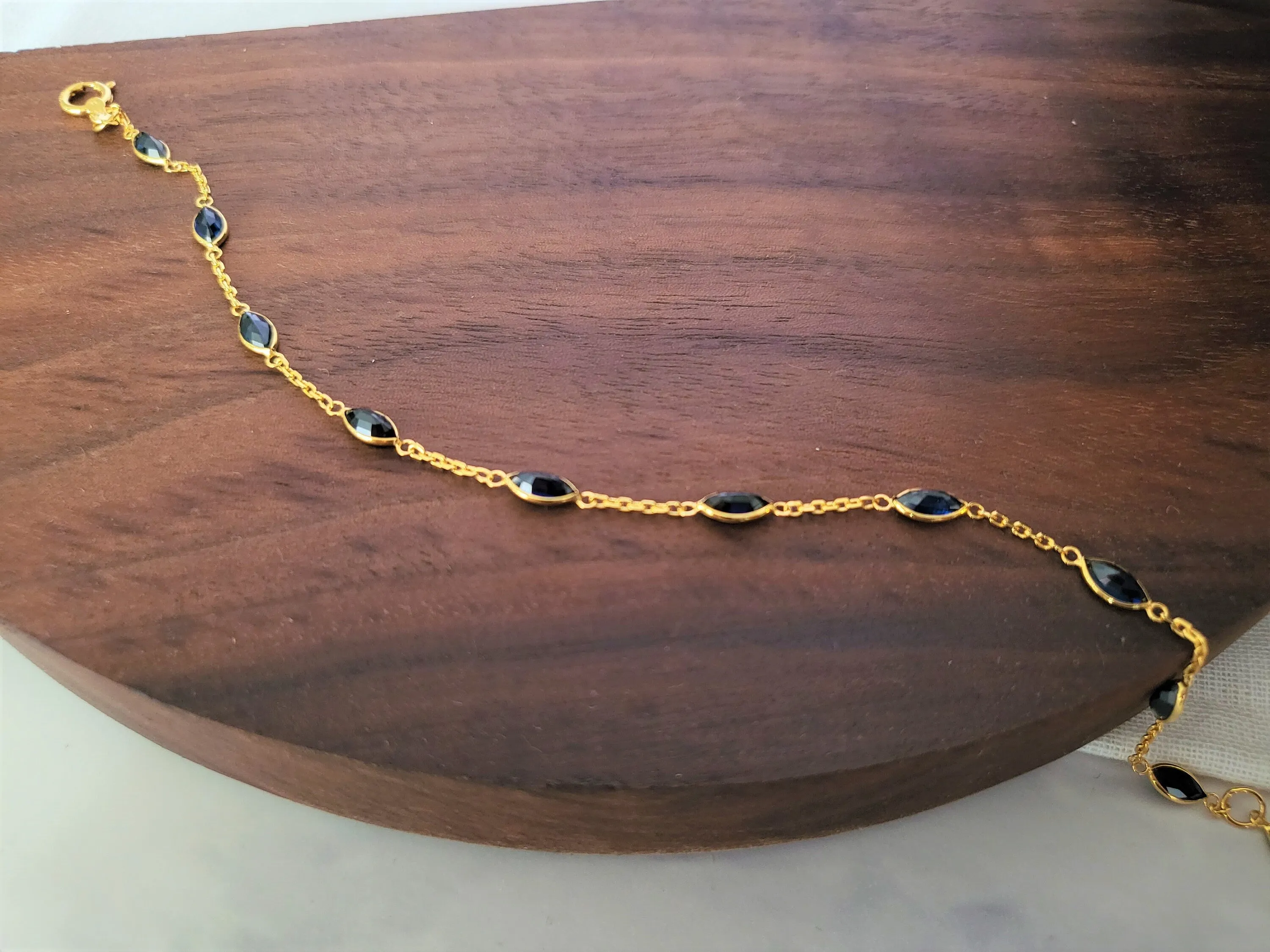 Thai Design Natural Blue Sapphire 18K Solid Gold Chain Bracelet Eyelet Gems Rare Gemstone Dainty